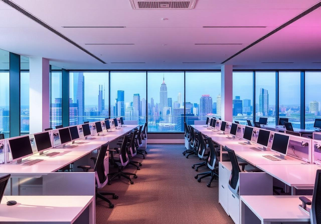 Modern open-plan office with glass partitions and city skyline view